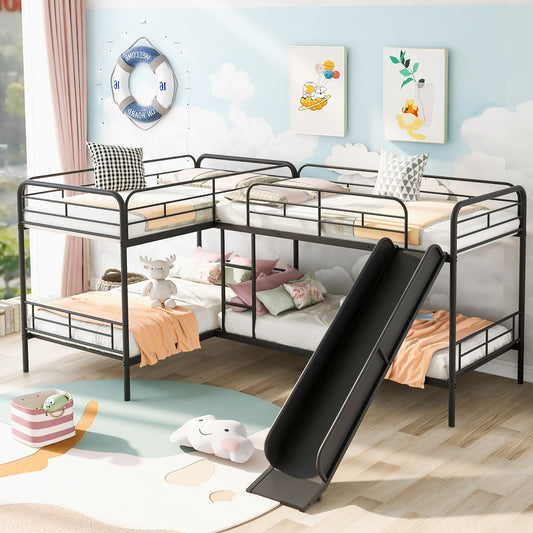 Lester Quadruple Twin Bunk Bed with Slide - Black