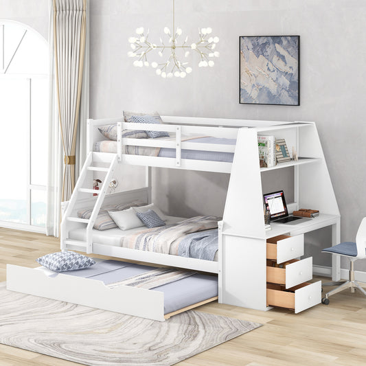 win over Full Bunk Bed with Trundle and Built-in Desk, Three Storage Drawers and Shelf,White