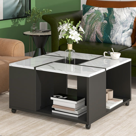 Kiera Modern 2-Layer Coffee Table on Casters - Black & Faux Marble