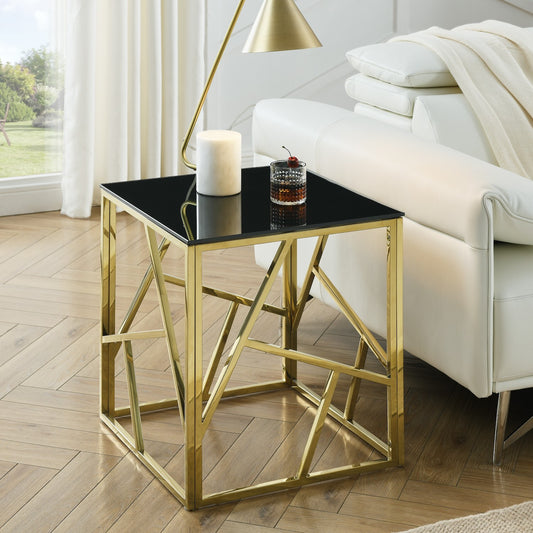 Hannah  Modern Side Table with Black Glass Top - Polished Gold