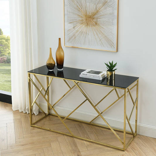 Hannah Modern Sofa Table with Black Glass Top - Polished Gold