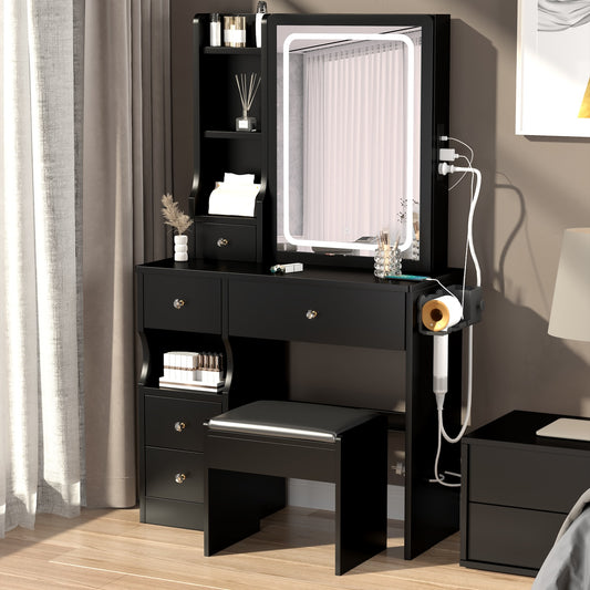 Allison Vanity Set with Sliding LED Mirror & Multi-Layer Storage - Black