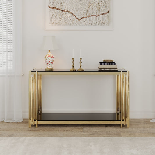 Woker Modern Golden Console Table with Black Glass Top