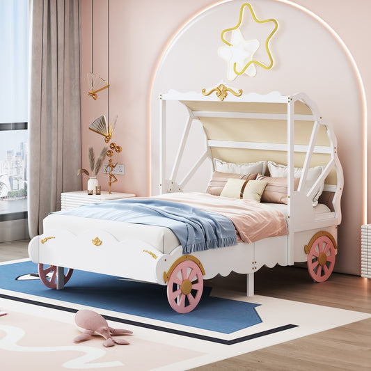 Twin Size Princess Carriage Theme Bed with Canopy - White