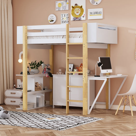 Lofton Twin Size Loft Bed with Built in Storage - White & Natural