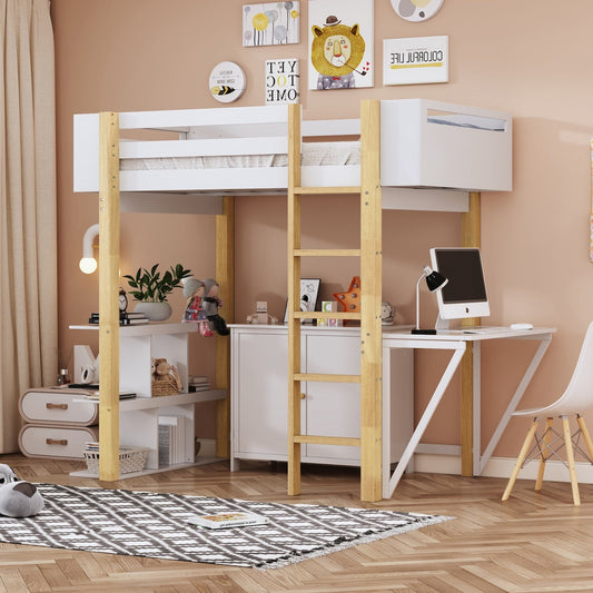 Lofton Full Size Loft Bed with Built in Storage - White & Natural