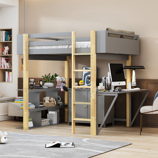 Lofton Full Size Loft Bed with Built in Storage - Gray & Natural