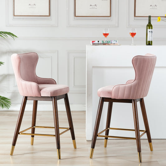Leland Channel Tufted Bar Stools on Gold Tipped Walnut Legs (Set of 2) Pink