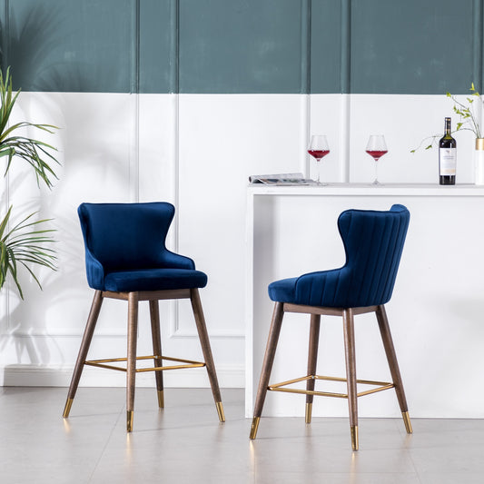 Leland Channel Tufted Bar Stools on Gold Tipped Walnut Legs (Set of 2) Blue
