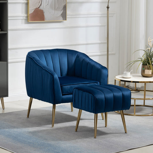 AOAO Velvet Accent Chair with Ottoman Set in Blue
