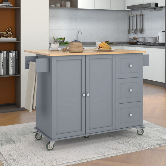 K&K Mobile Kitchen Island Cart with Solid Wood Top- Blue Gray