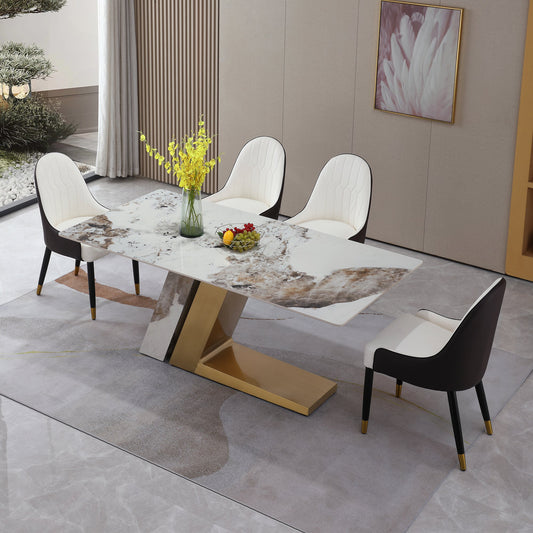 Montary Furniture 71" Sintered Stone Dining Table with Z Pedestal Base - White & Gold