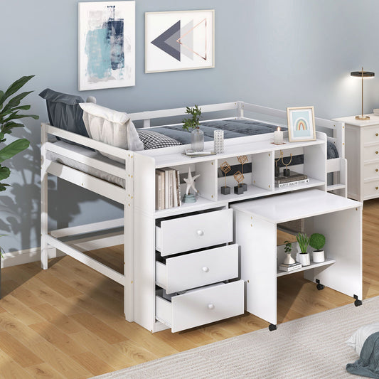 WM Store Full Size Low Loft Bed with Rolling Portable Desk, Drawers and Shelves, White