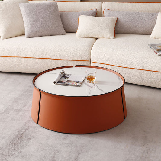 Justone 31.5" Modern Round Coffee Table with Marble Top & Leather Frame