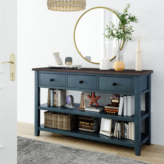 TREXM Retro Design Console Table with Two Open Shelves - Navy