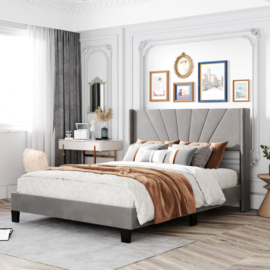 Queen Size Velvet Upholstered Bed- Gray