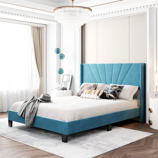 Queen Size Velvet Upholstered Bed - Blue