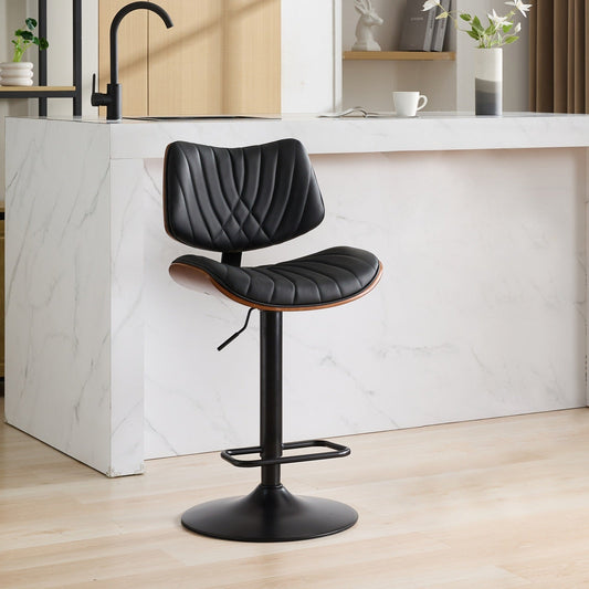 Stylish Versatility Walnut Bentwood Adjustable Bar Stools with Black Faux Leather Upholstery