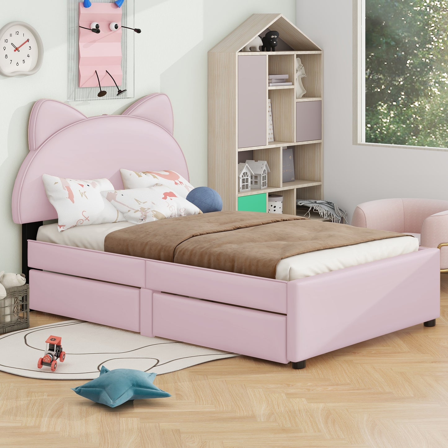 Brandy Twin Size Platform Bed with Cartoon Ears - Pink