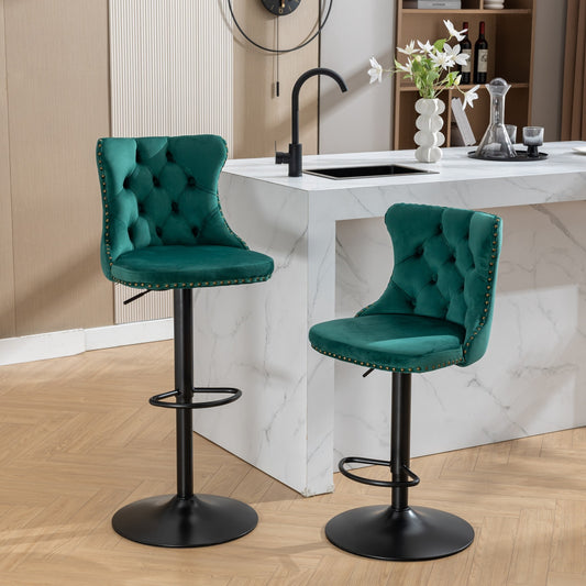 Odessa Adjustable Height Velvet Bar Stools with Black Legs (Set of 2) Green