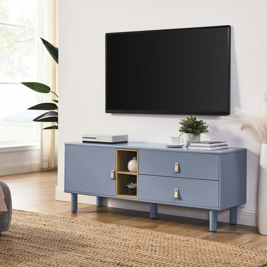 Lillian Modern TV Console with Leather Handing Pulls, Blue