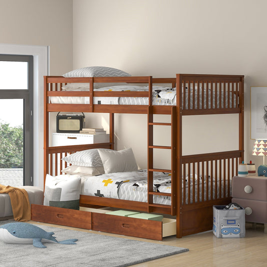 Larkspur Twin-Over-Twin Bunk Bed with Ladders and Two Storage Drawers (Walnut)