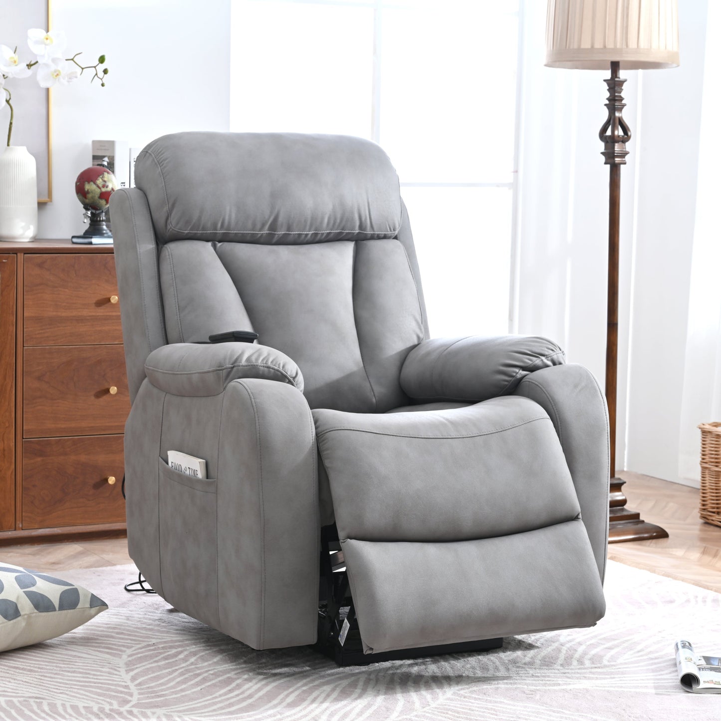 Fiala Power Lift Recliner with USB, Side Pocket, & Light, Gray