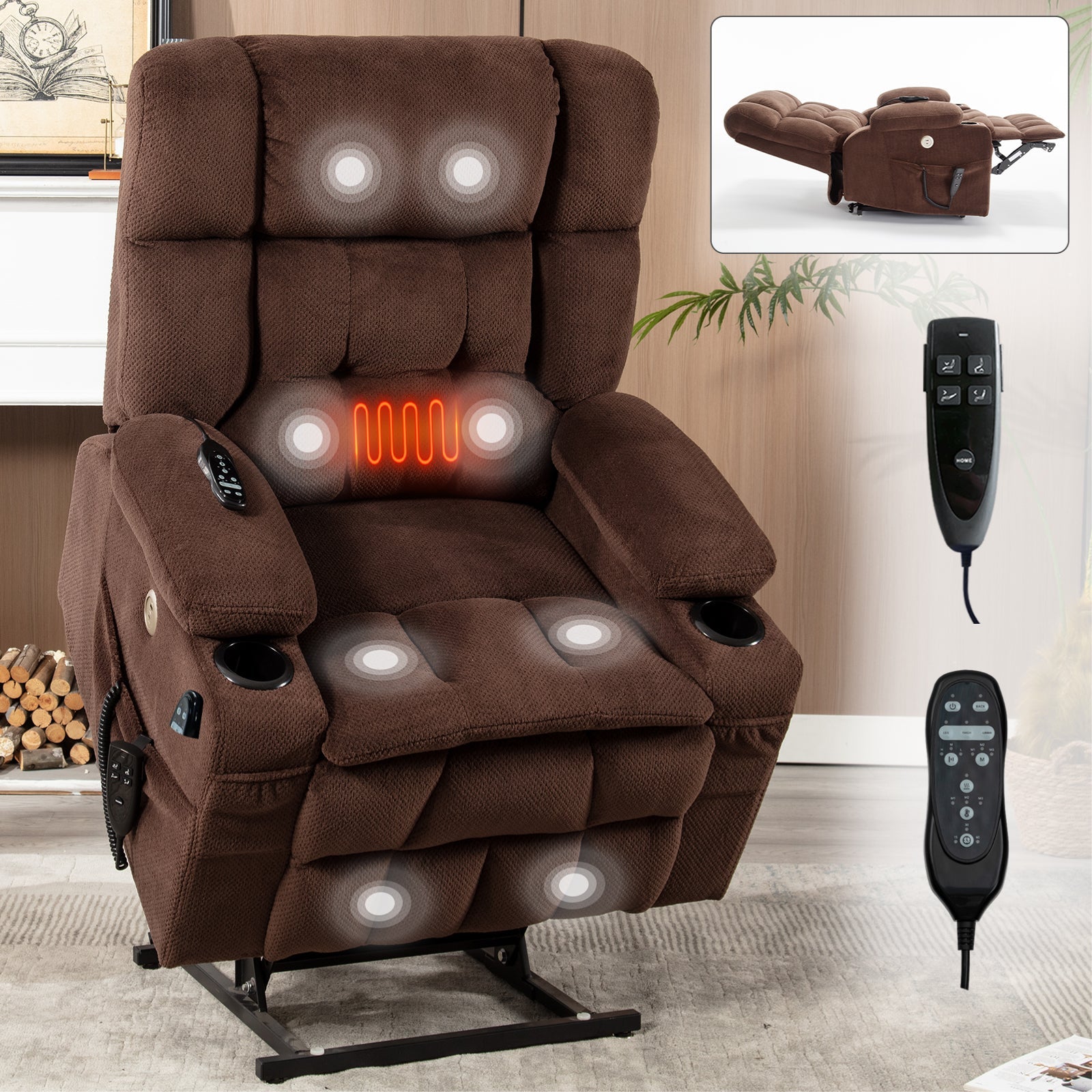 Skyler Chenille Power Lift Recliner with Massage, Brown