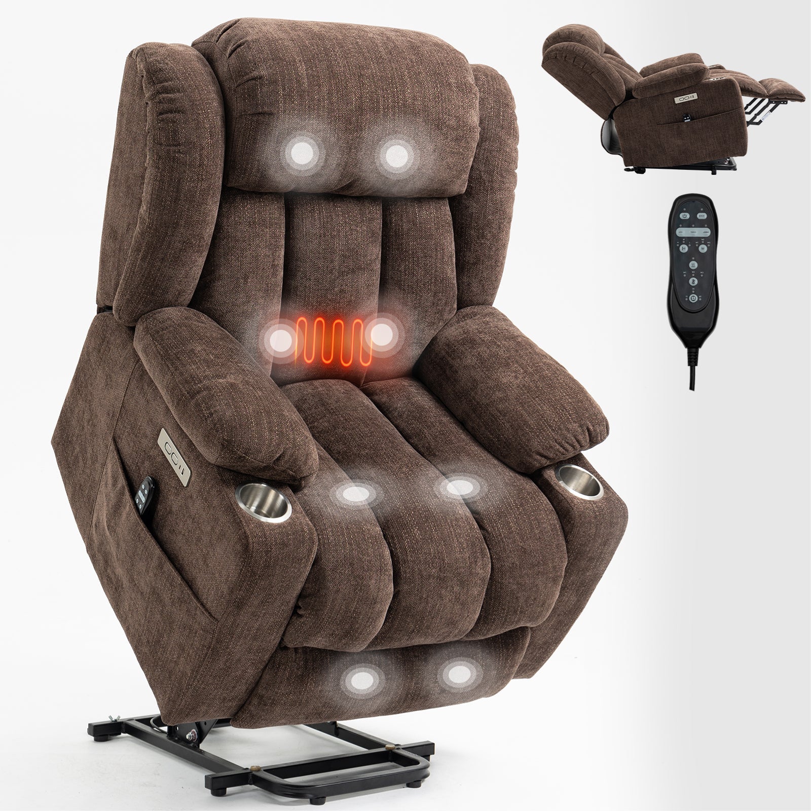 Bexley Chenille Power Lift Recliner with 8-Point Massage & Heat, Brown