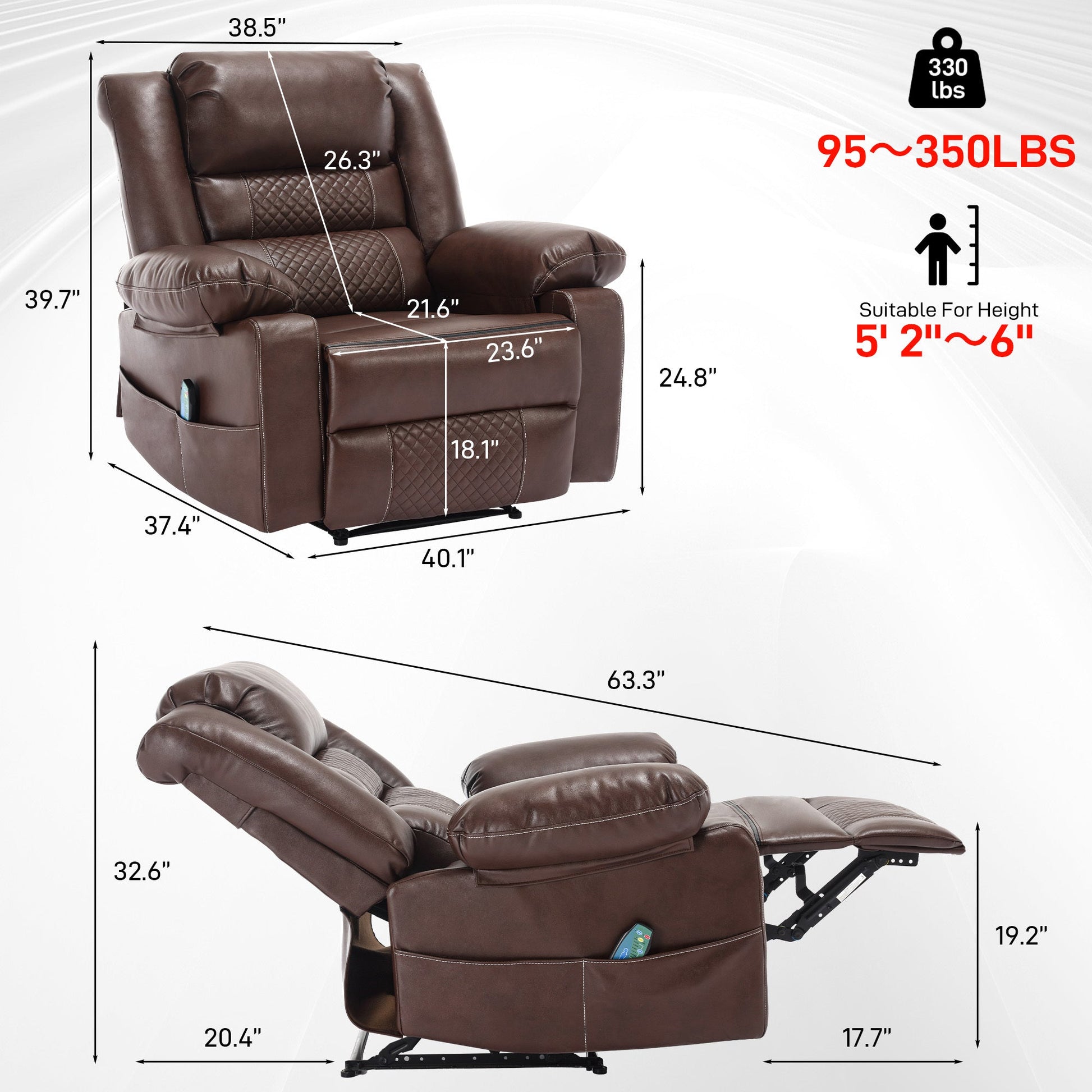 Ashton PU Leather Recliner with Head & Massage, Brown