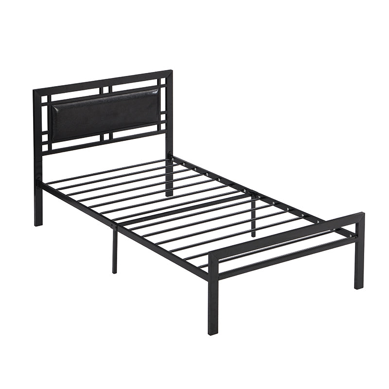 Twin Size Black Metal Platform Bed with Faux Leather Headboard