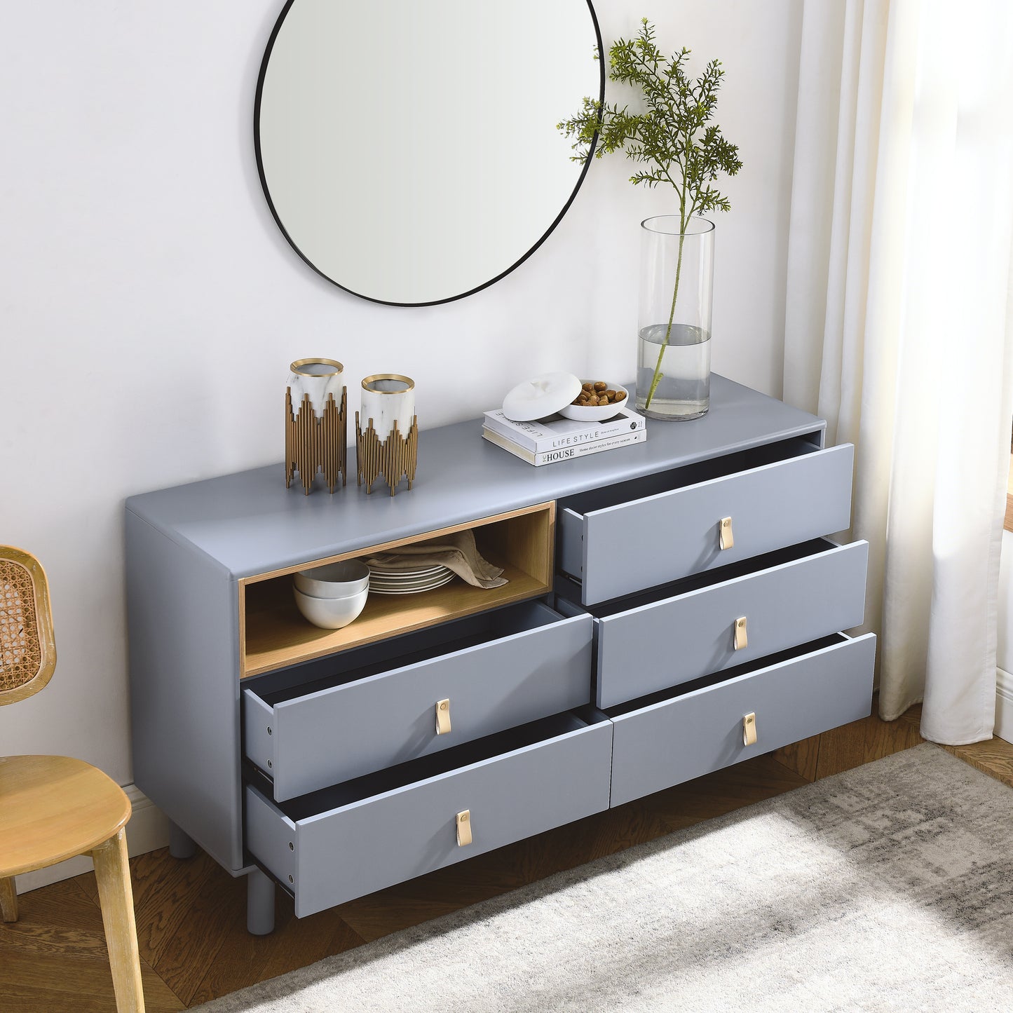 Lillian Modern 5-Drawer Accent Cabinet with Leather Handles, Blue