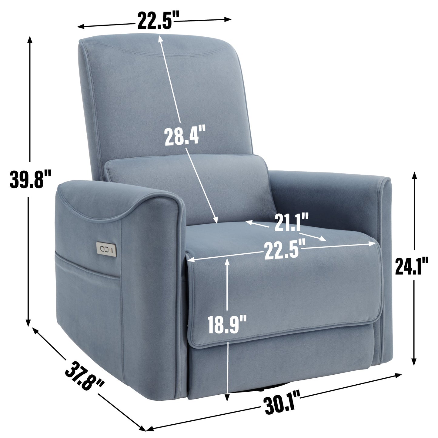 Aven Modern Upholstered Power Reclining Chair with USB, Blue