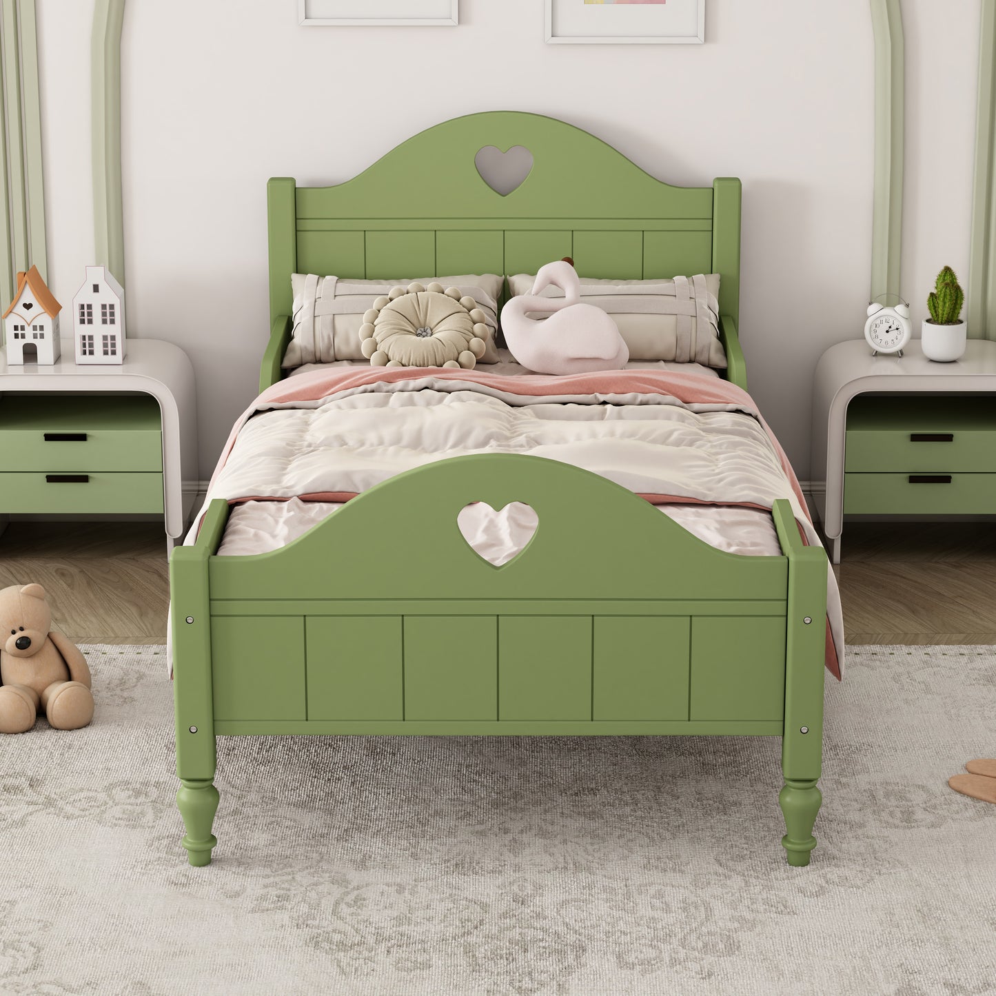 Macaron Twin Size Toddler Bed with Side Safety Rails - Olive Green