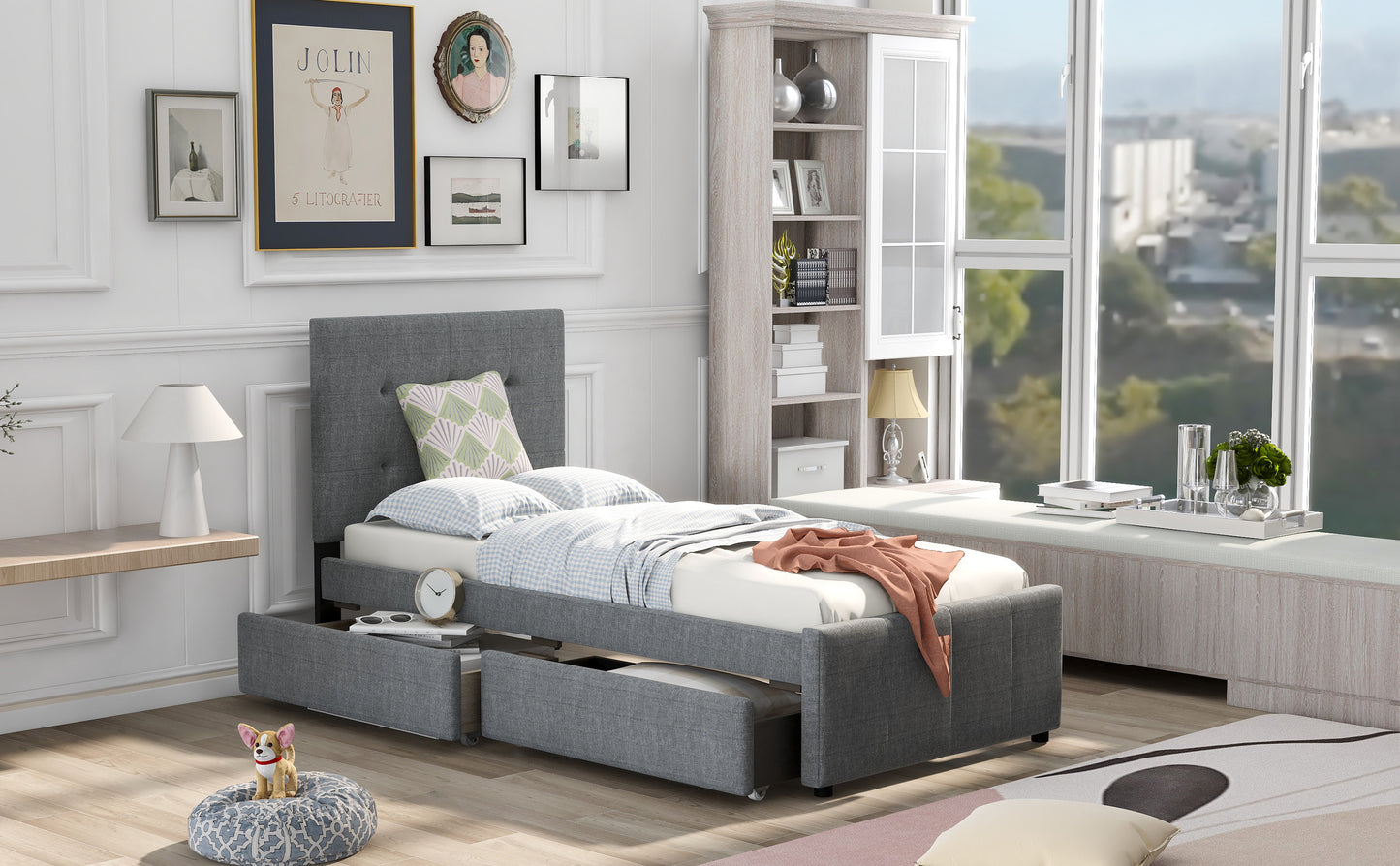 Linda Twin Platform Bed with 2 Storage Drawers - Gray