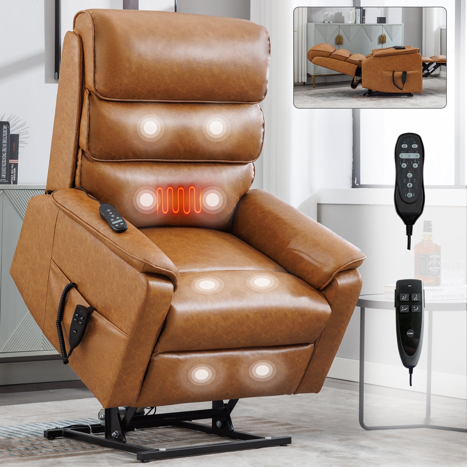 Maris Faux Leather Power Lift Recliner with Massage, Brown