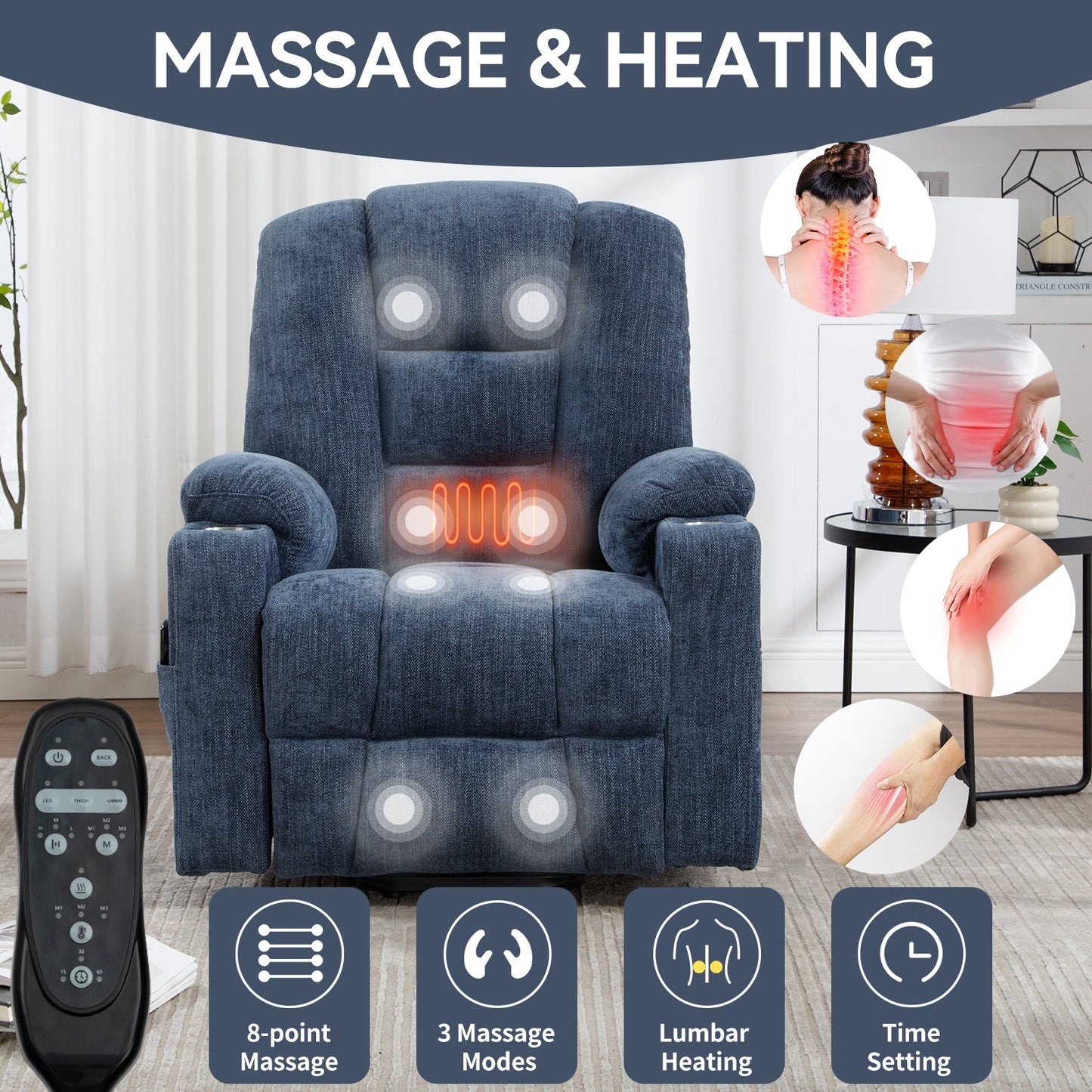 Otty Blue Chenille Power Lift Recliner with Heat & Massage