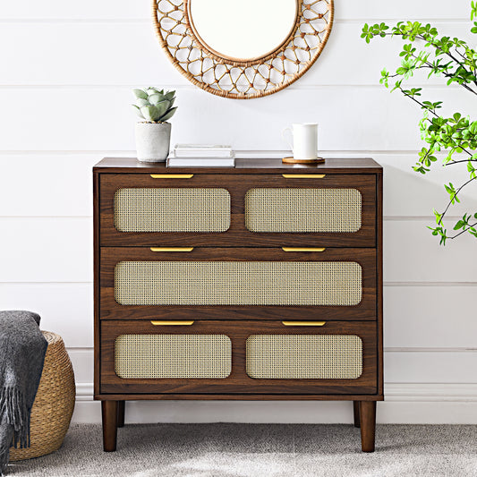 Opal 3-Drawer Accent Chest with Rattan Doors, Walnut