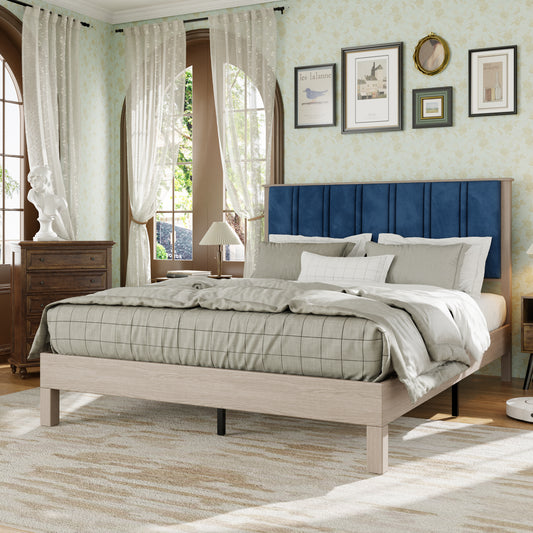 Nyssa Modern King Platform Bed in Antique Gray with Blue Headboard