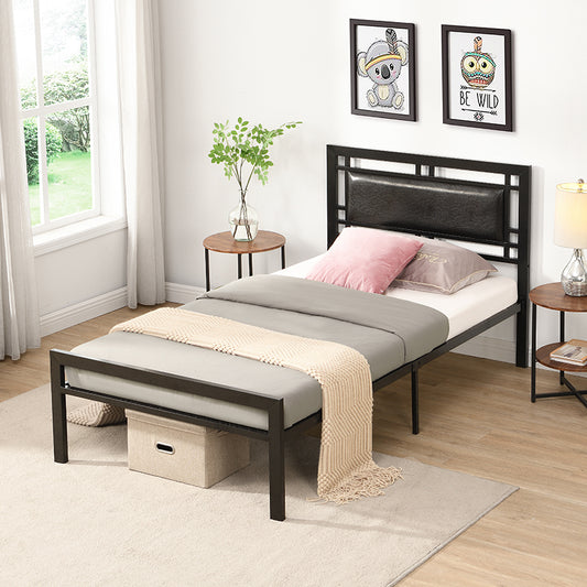 Twin Size Black Metal Platform Bed with Faux Leather Headboard