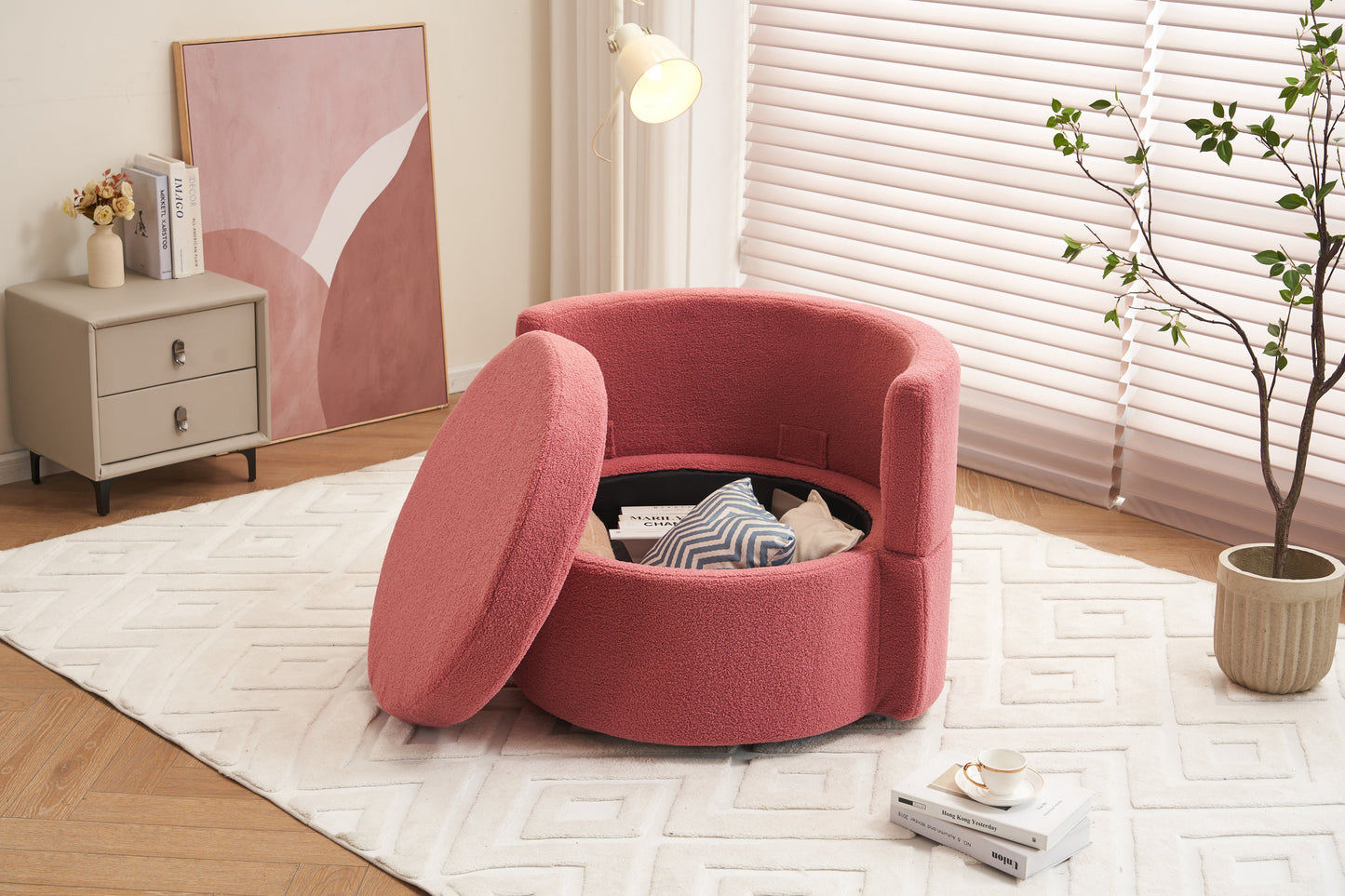 Tilly Teddy Fabric Akili Swivel Chair with Storage - Dark Pink