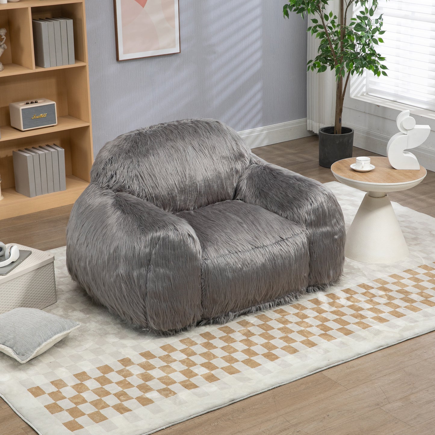 Dashiell Ultra Plush Faux Fur Beanbag Chair, Gray