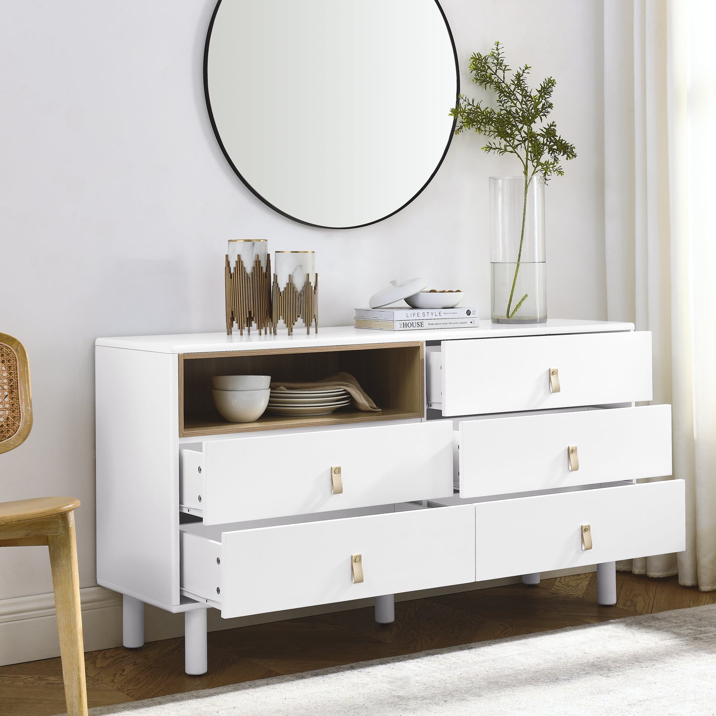 Lillian Modern 5-Drawer Accent Cabinet with Leather Handles, White