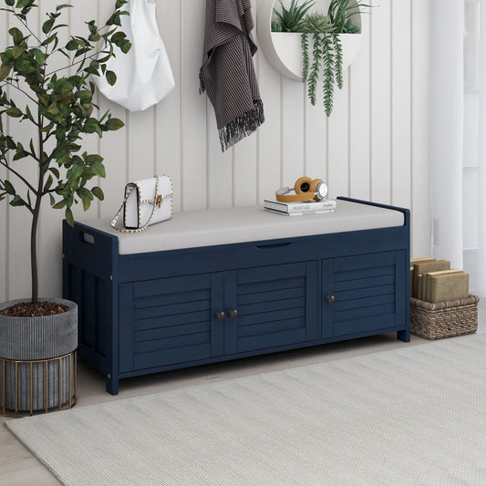 Drea Storage Bench with 3 Shutter-shaped Doors, Shoe Bench with Removable Cushion and Hidden Storage Space, Antique Navy