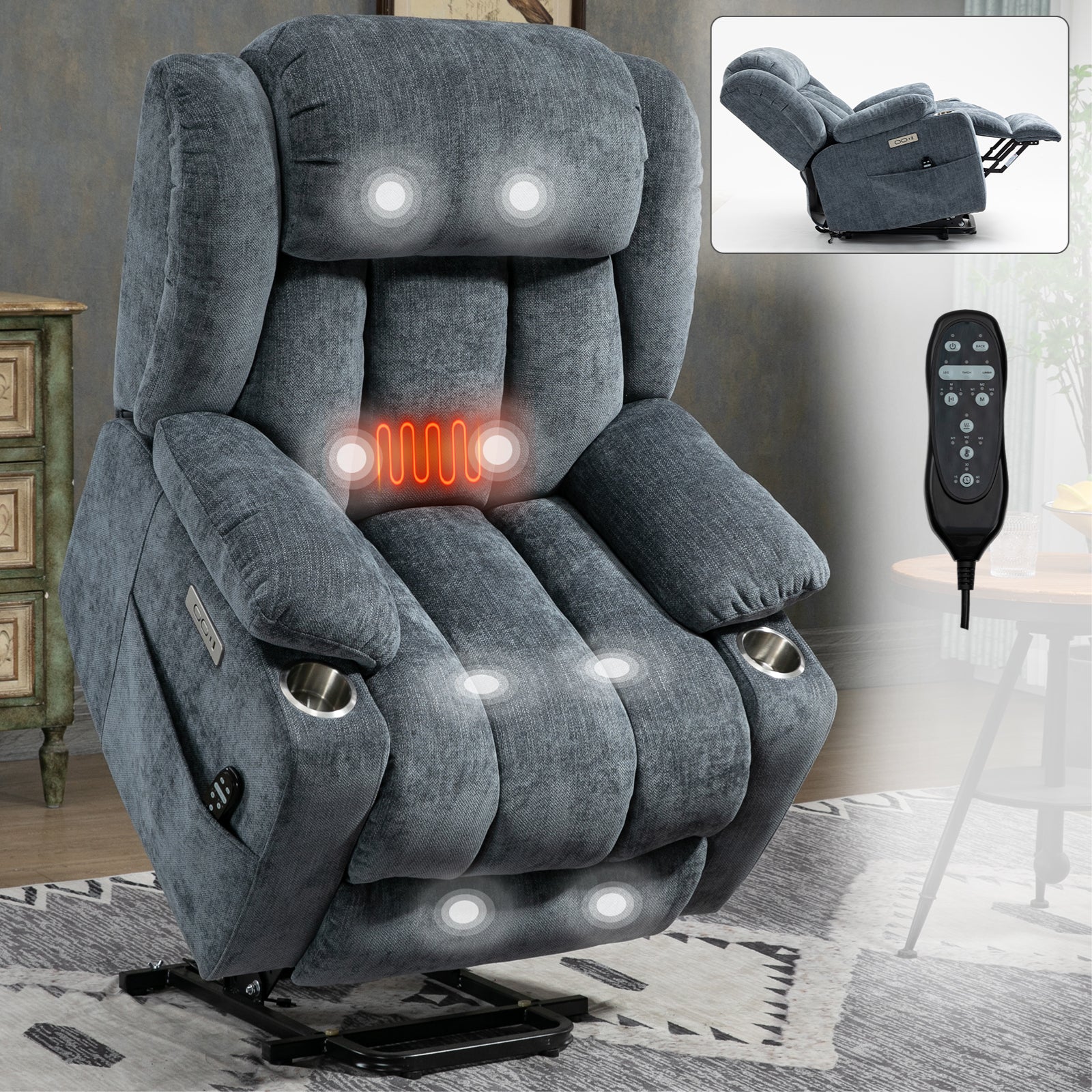 Bexley Chenille Power Lift Recliner with 8-Point Massage & Heat, Blue