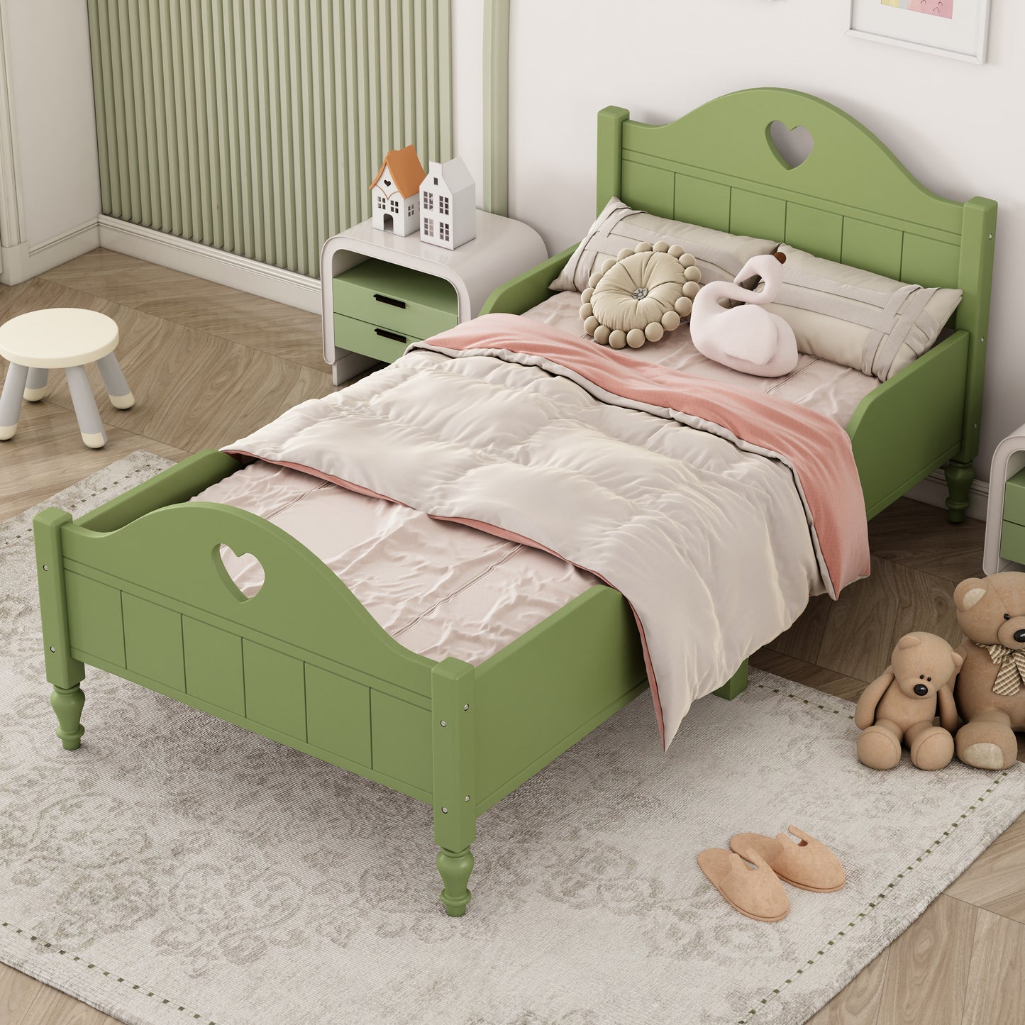 Macaron Twin Size Toddler Bed with Side Safety Rails - Olive Green