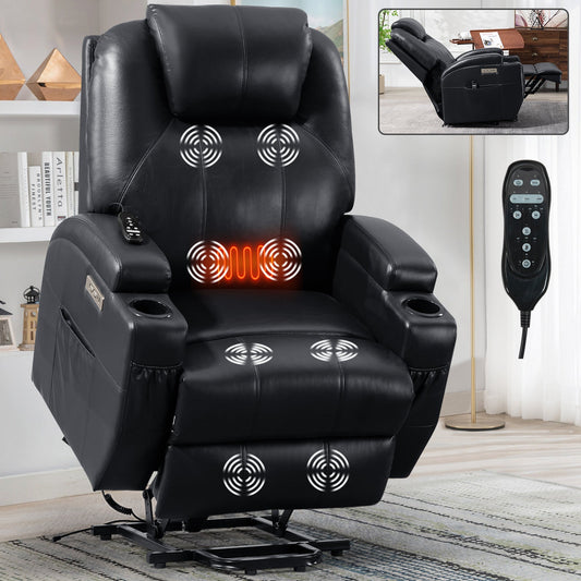 Cypress Faux Leather Power Lift Recliner with Head & Massage, Black