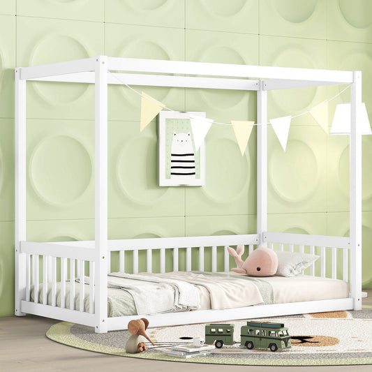 Bentley Twin Size Canopy Floor Bed with Fence - White