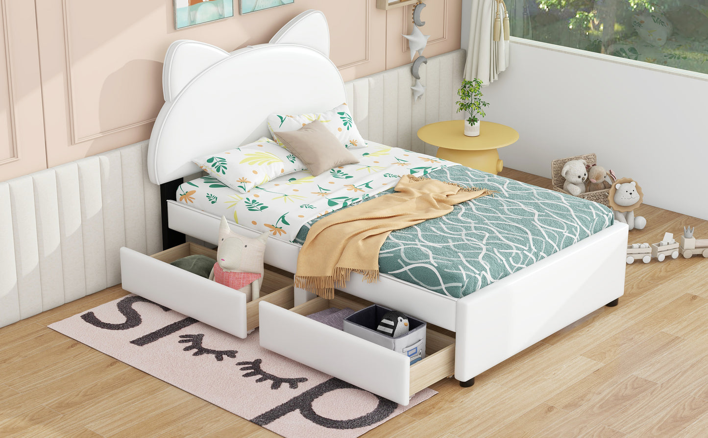 Brandy Full Size Platform Bed with Cartoon Ears - White