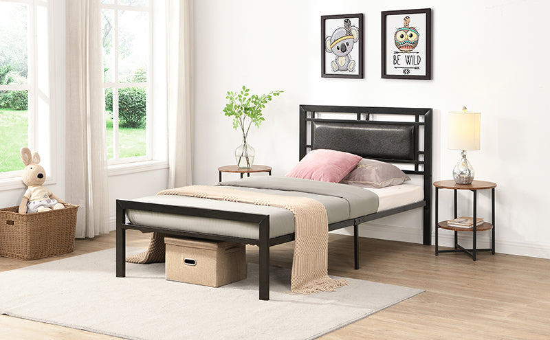 Twin Size Black Metal Platform Bed with Faux Leather Headboard